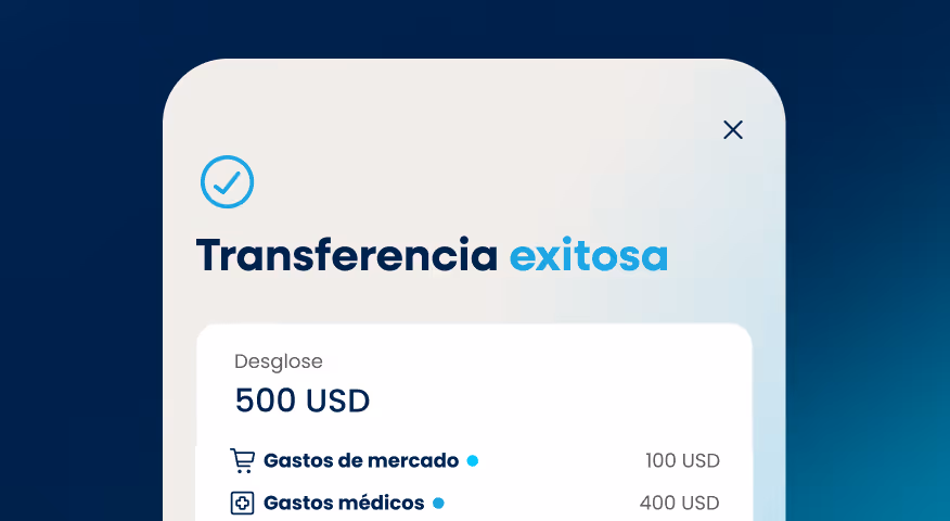 Successful transfer visualization of 500 USD with breakdown: 100 USD market expenses, 400 USD medical expenses.