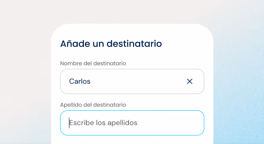 Form visualization titled 'Add a recipient' with fields for first name filled with Carlos and blank last name field.