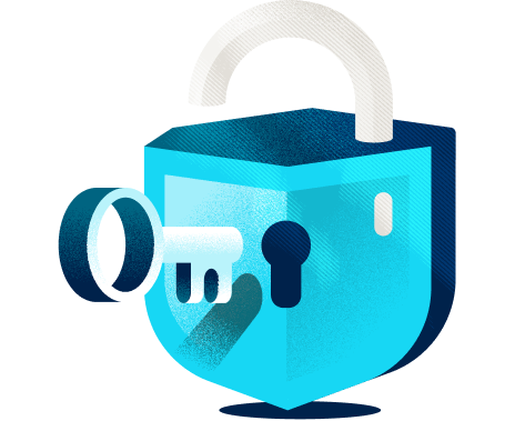 Blue shield padlock with a key