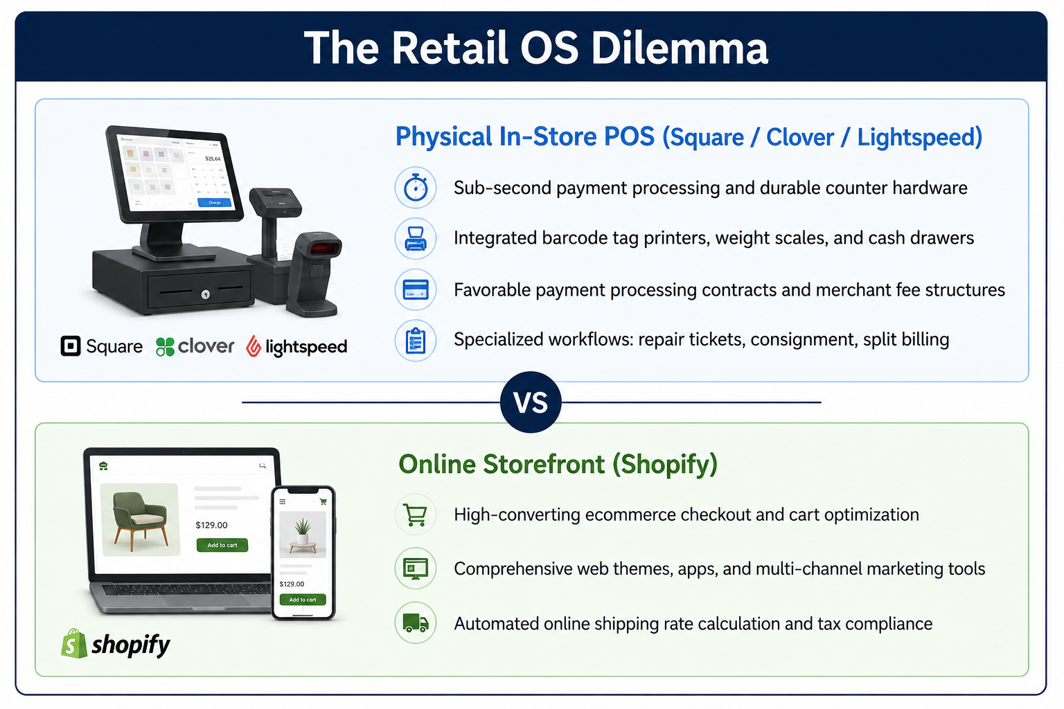 Illustration showing a physical retailer using an existing POS system alongside Shopify.