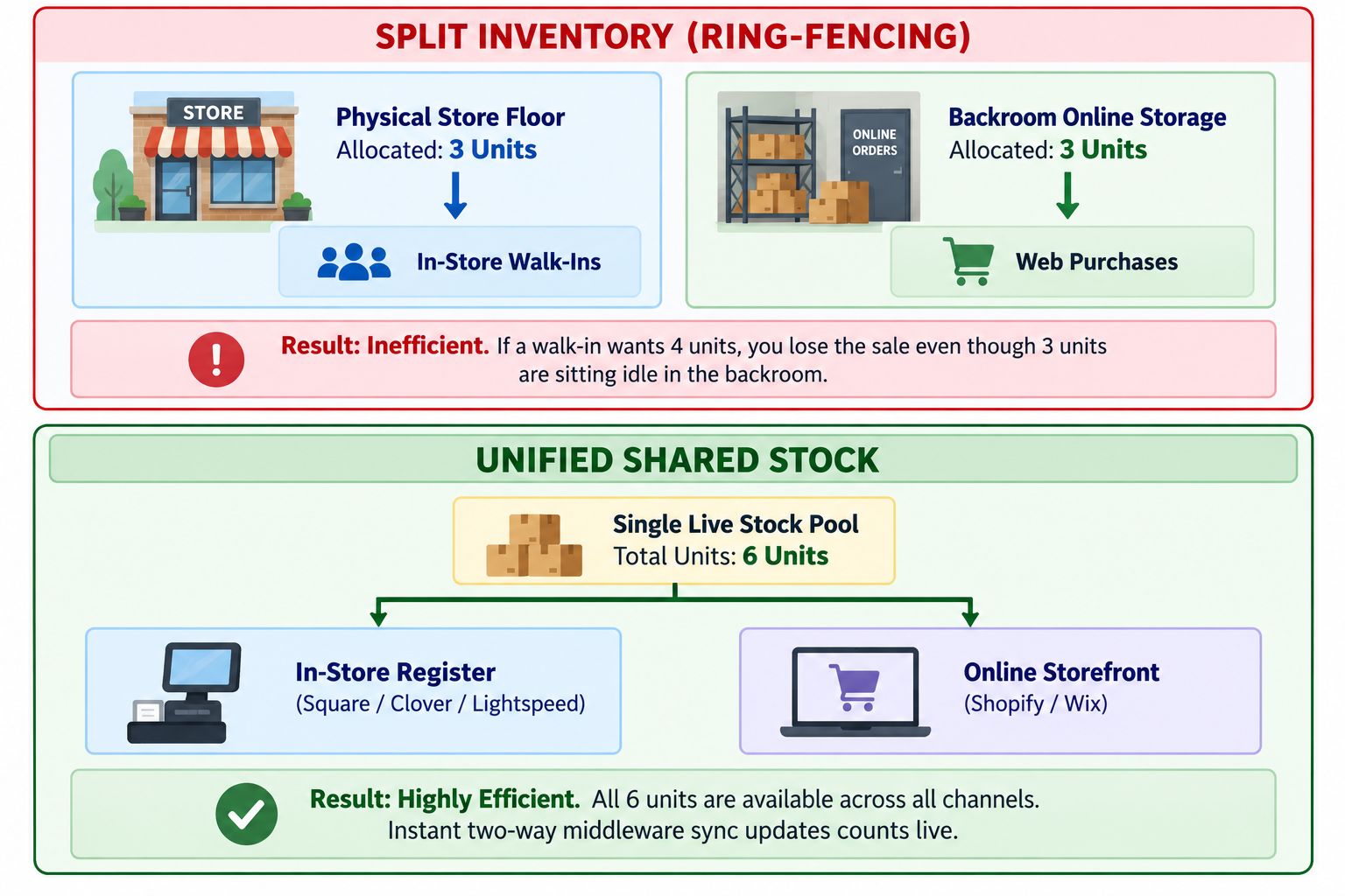 Comparison of split inventory and unified shared stock across in-store and online sales channels.