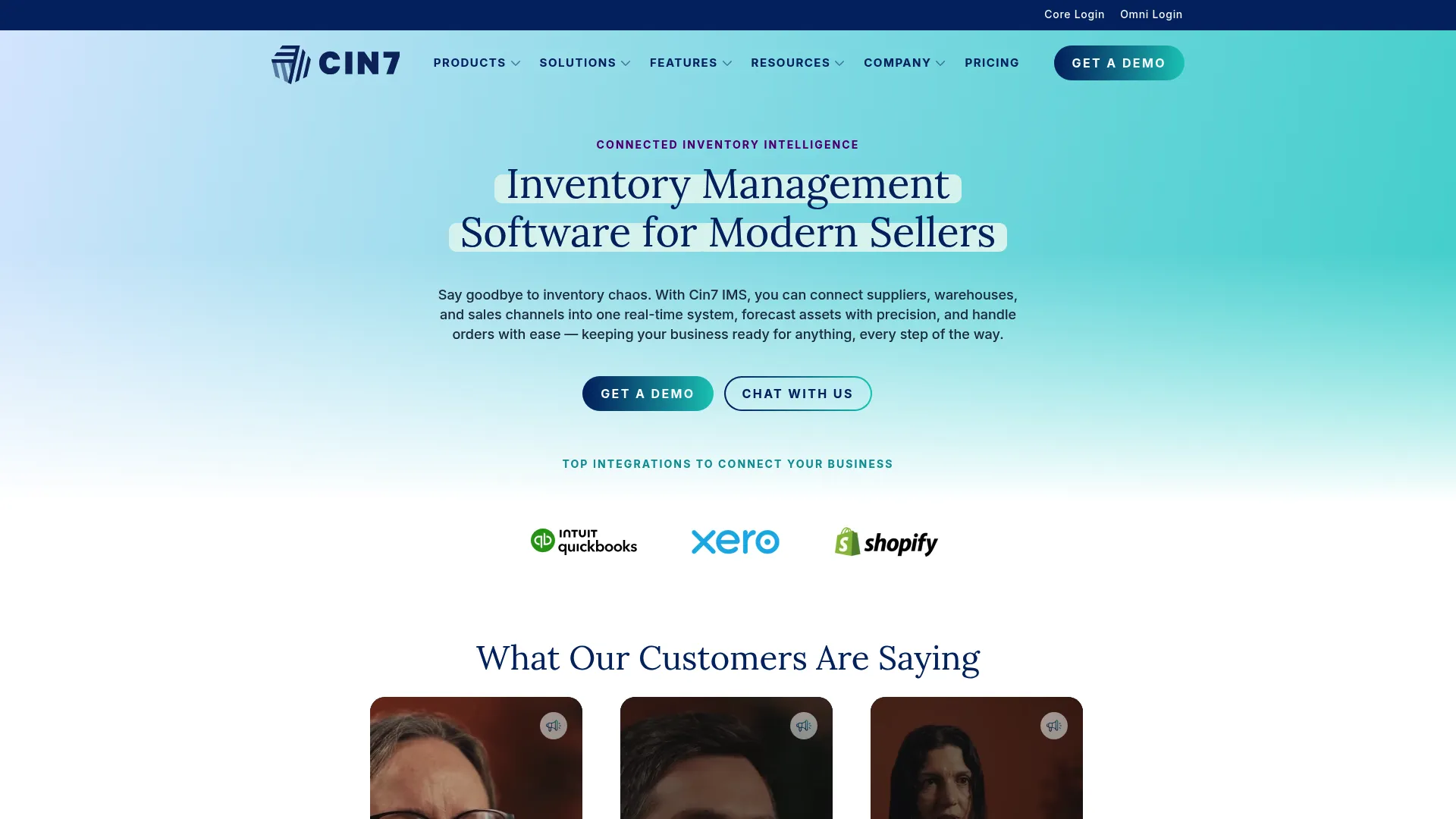 Screenshot of the Cin7 homepage