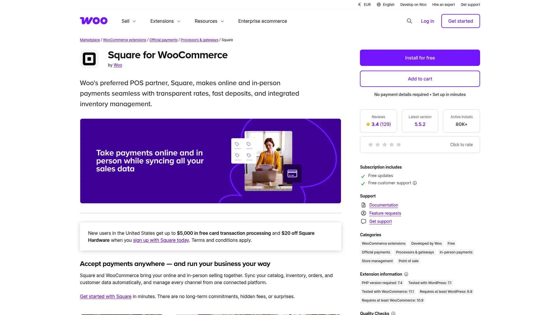Screenshot of the Square for WooCommerce extension page