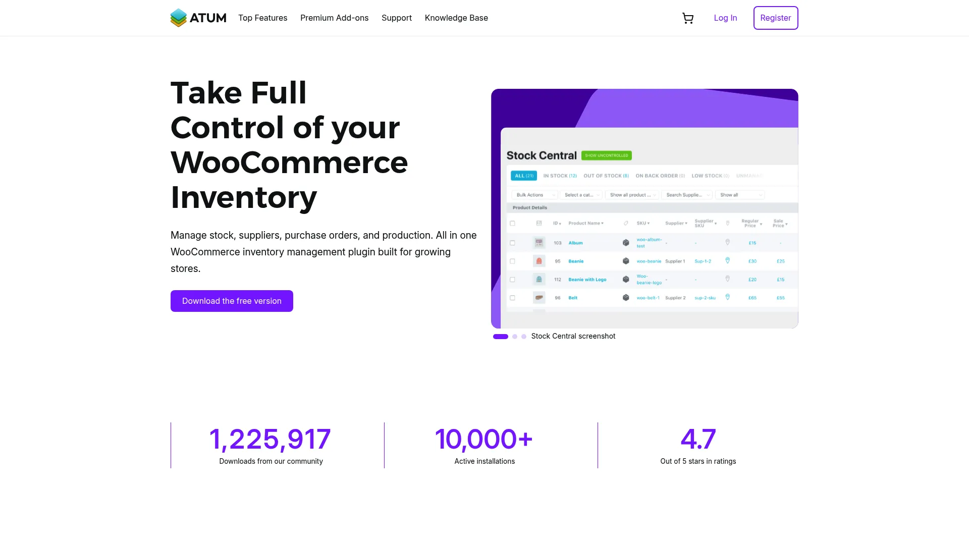 Screenshot of the ATUM Inventory Management homepage