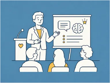 Illustration of a man giving a presentation about the brain to three seated people.