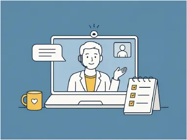 Illustration of a male doctor with a headset conducting a virtual consultation on a laptop screen, with a checklist and coffee mug beside it.
