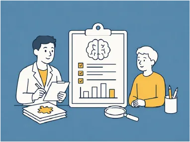 Illustration of a male doctor consulting a child with a clipboard showing a brain, checklist, and bar chart.