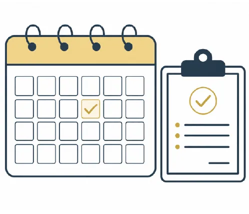 Illustration of a calendar with a date marked by a checkmark and a clipboard with a checklist and a checkmark.