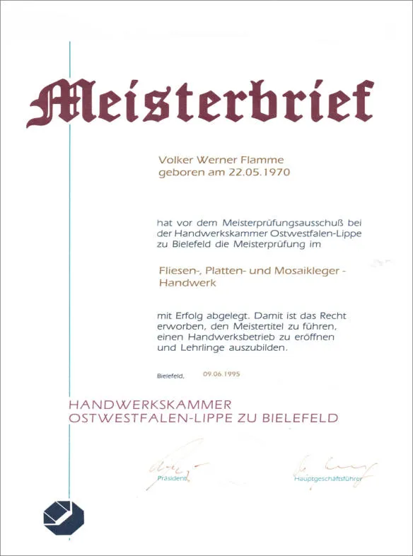 Meisterbrief im Fliesen-, Platten- und Mosaiklegerhandwerk von Volker Flamme aus dem Jahr 1995