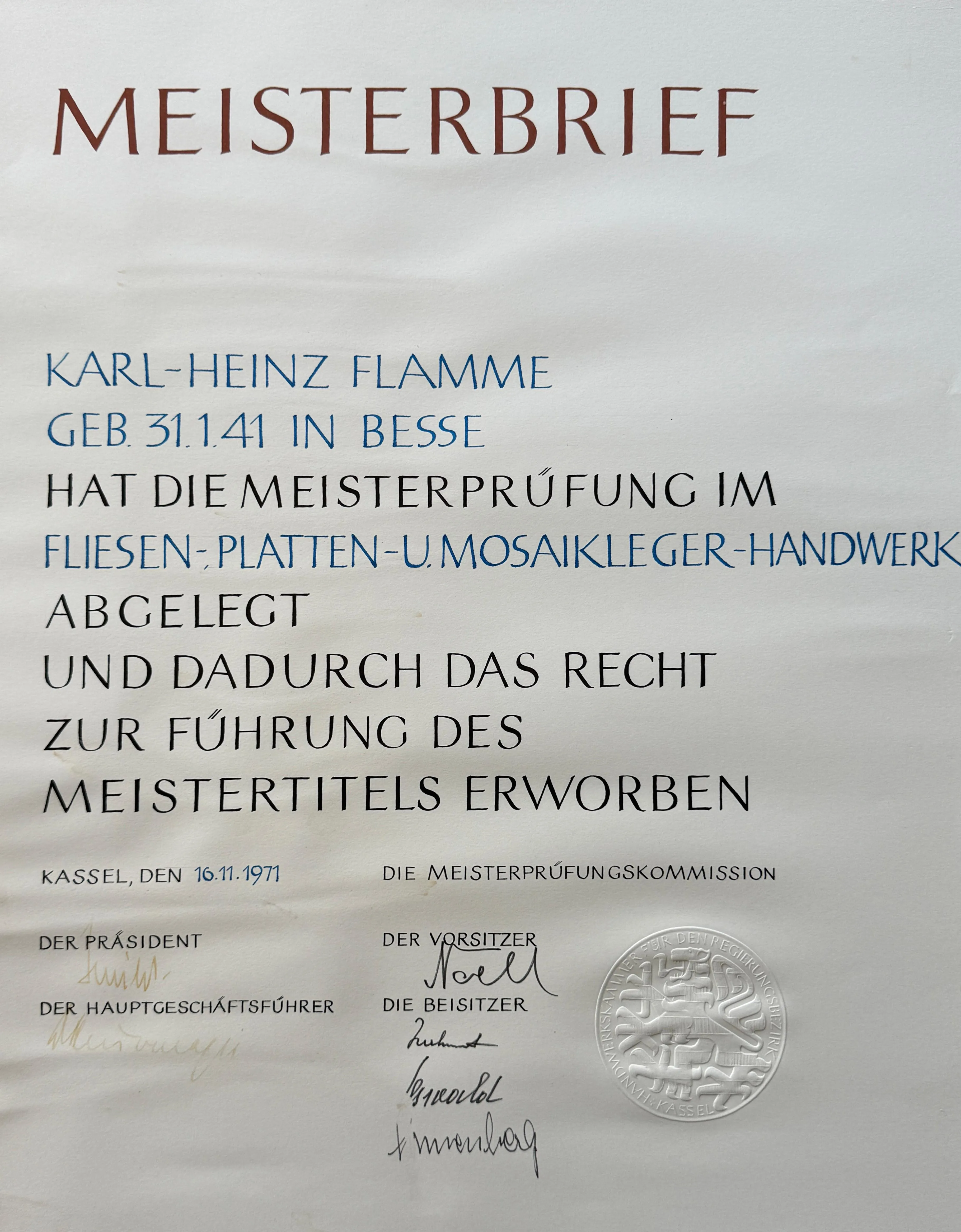 Meisterbrief im Fliesen-, Platten- und Mosaikleger-Handwerk von Karl-Heinz Flamme aus dem Jahr 1971