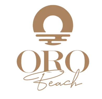 ORO Beach logo with a stylized circular sun above horizontal wave lines, and the word 'ORO' in uppercase serif font with 'Beach' in cursive beneath it.