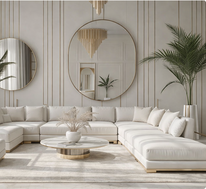 Modern beige sectional sofa with multiple cushions around a round marble coffee table, two large round mirrors on the wall, and tall potted plants in a bright living room.