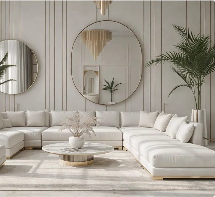 Modern beige sectional sofa with multiple cushions around a round marble coffee table, two large round mirrors on the wall, and tall potted plants in a bright living room.