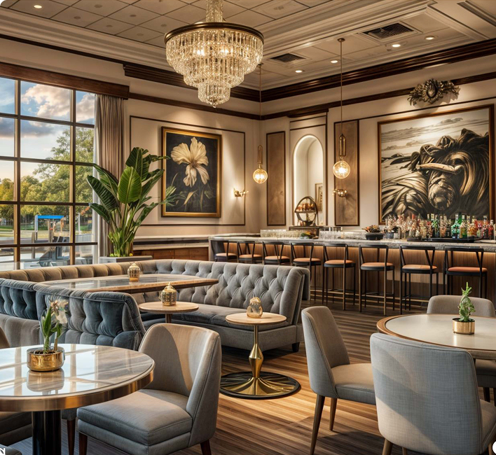 Elegant lounge area with tufted gray sofas, round tables with gold accents, large windows, chandeliers, and a well-stocked bar.