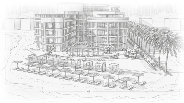 Architectural sketch of a beachfront hotel with multiple lounge chairs and umbrellas lined up on the sandy shore and palm trees along the side.