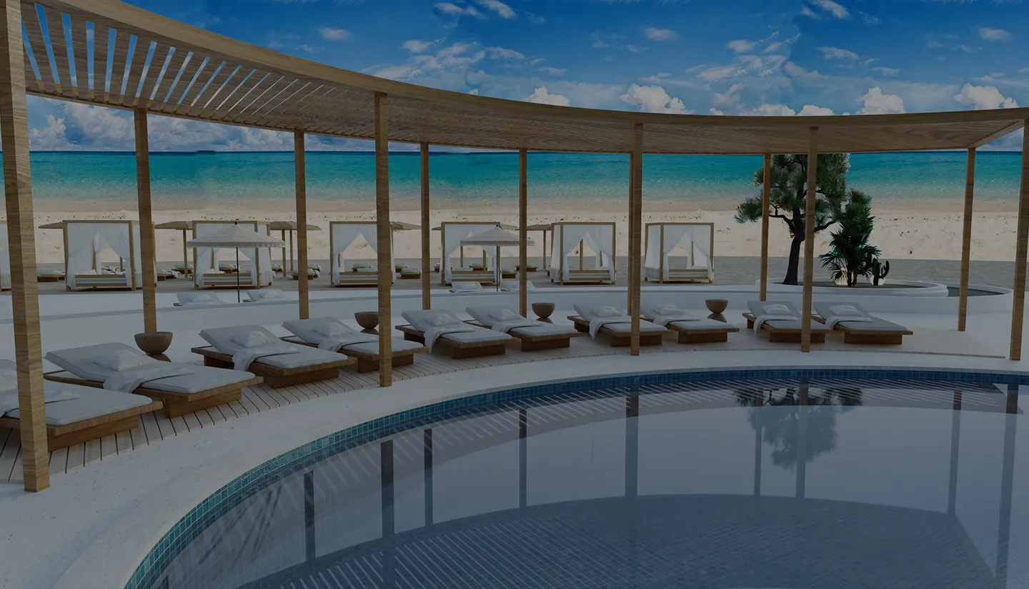 Curved poolside lounge area with white cushioned sunbeds under wooden pergola and beach cabanas with ocean view.