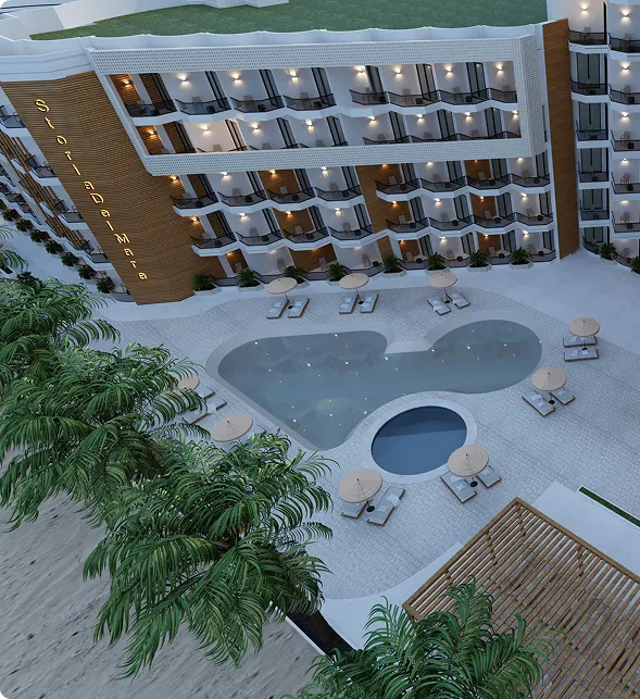 Aerial view of a modern hotel courtyard with a uniquely shaped pool, surrounding lounge chairs, umbrellas, palm trees, and balconies on the building labeled 'Solaridema'.
