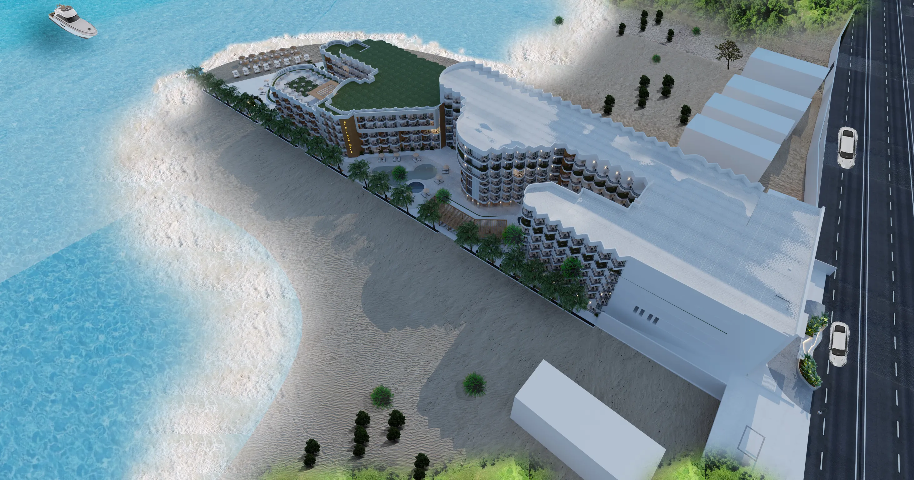 Aerial view of a beachfront hotel complex with balconies, pools, palm trees, and a yacht nearby in the ocean.