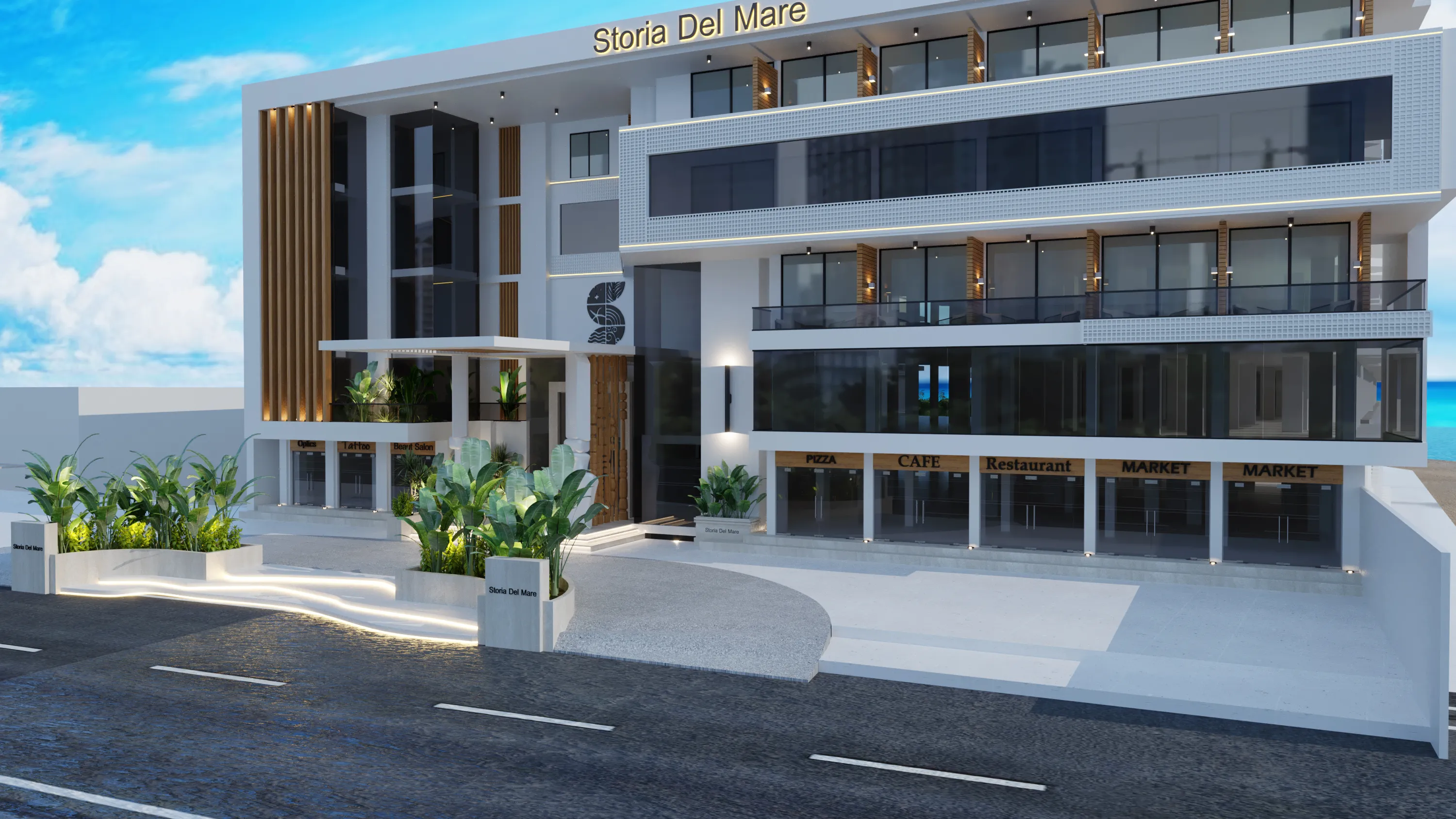 Modern multi-story building named Storia Del Mare with retail spaces including pizza, cafe, restaurant, and market, featuring glass balconies and landscaped entrance.