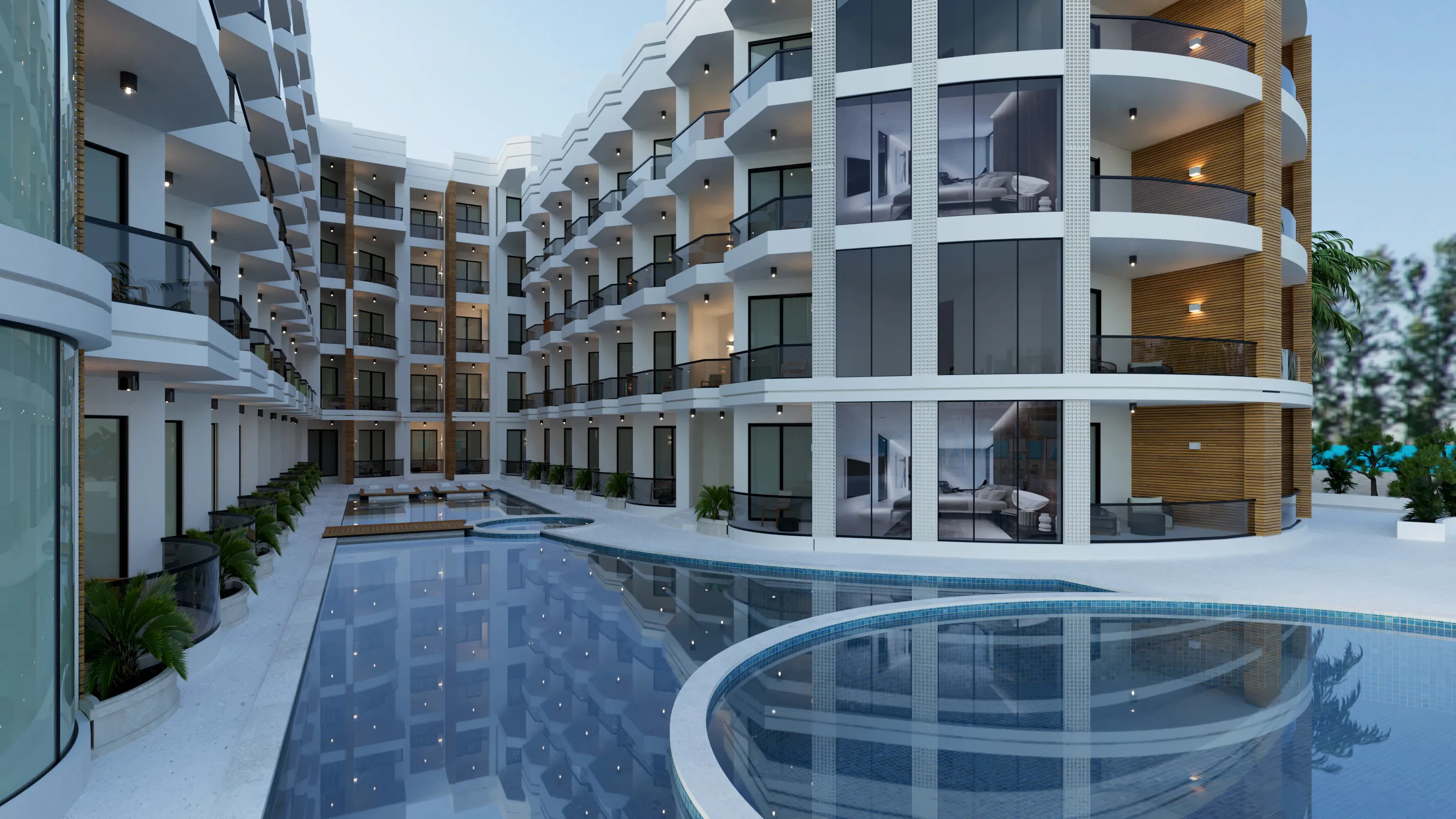 Modern multi-story residential building with balconies surrounding an outdoor swimming pool and a circular hot tub.