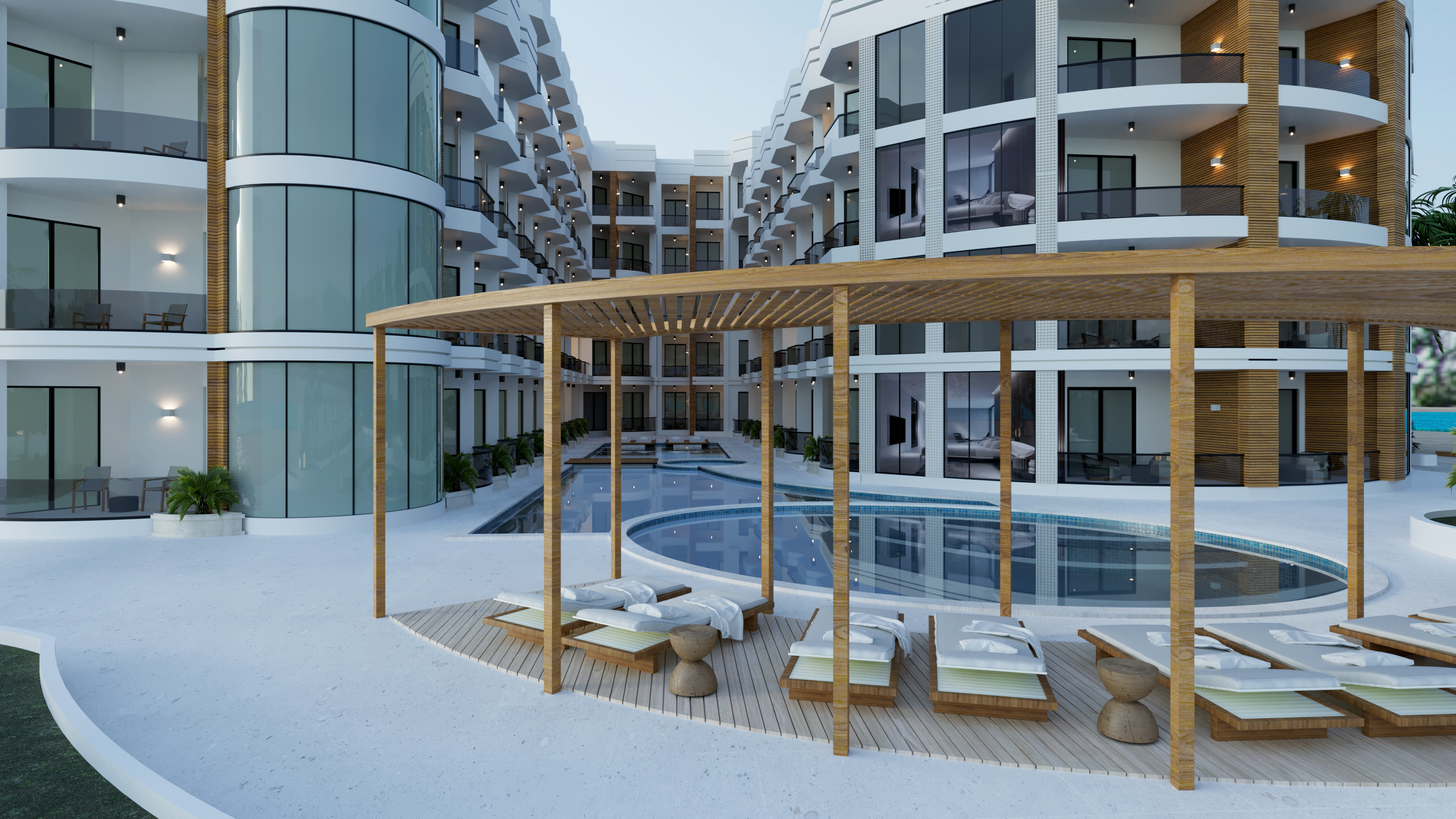 Modern hotel courtyard with a kidney-shaped pool, wooden pergola, and cushioned lounge chairs surrounded by multi-story buildings with balconies.