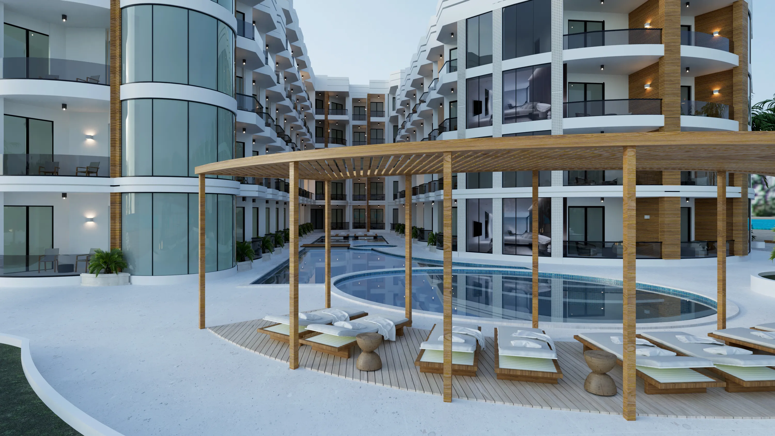 Modern hotel courtyard with a kidney-shaped pool, wooden pergola, and cushioned lounge chairs surrounded by multi-story buildings with balconies.