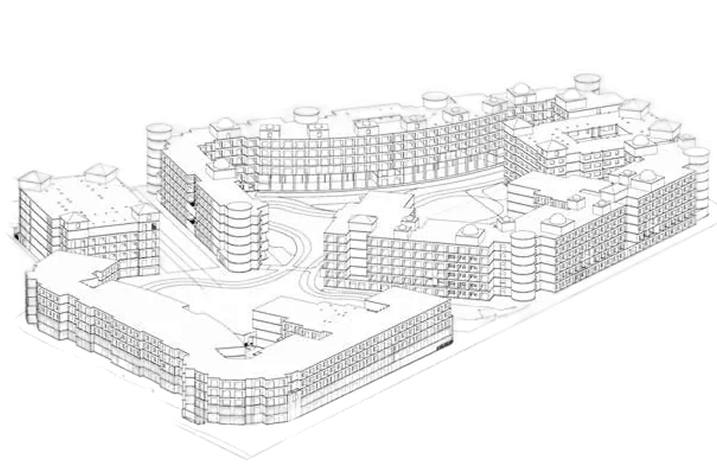 3D architectural wireframe model of a large multi-building residential complex with interconnected structures and central open spaces.