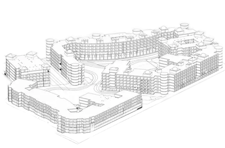 3D architectural wireframe model of a large multi-building residential complex with interconnected structures and central open spaces.