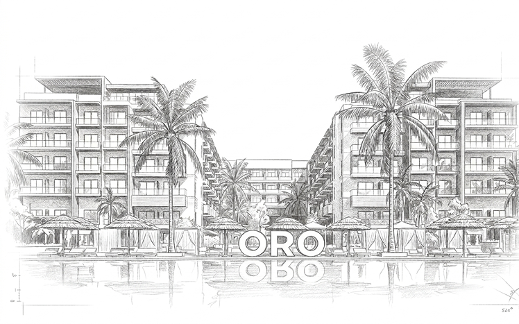Architectural sketch of a modern resort with twin buildings, palm trees, poolside umbrellas, and the letters 'ORO' reflected in the water.