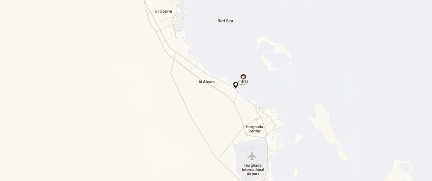 Map showing locations of El Gouna, Al Ahyaa, Hurghada Center, Hurghada International Airport, and the Red Sea coastline with markers near the shore.