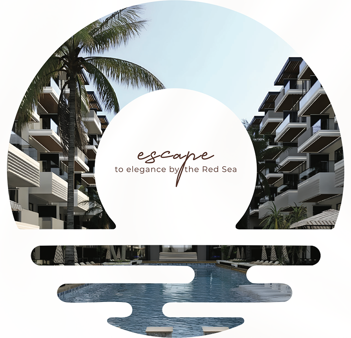 Modern resort buildings with balconies, palm trees, and a swimming pool by the Red Sea under a clear sky.