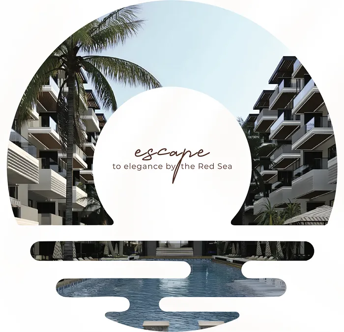 Modern resort buildings with balconies, palm trees, and a swimming pool by the Red Sea under a clear sky.
