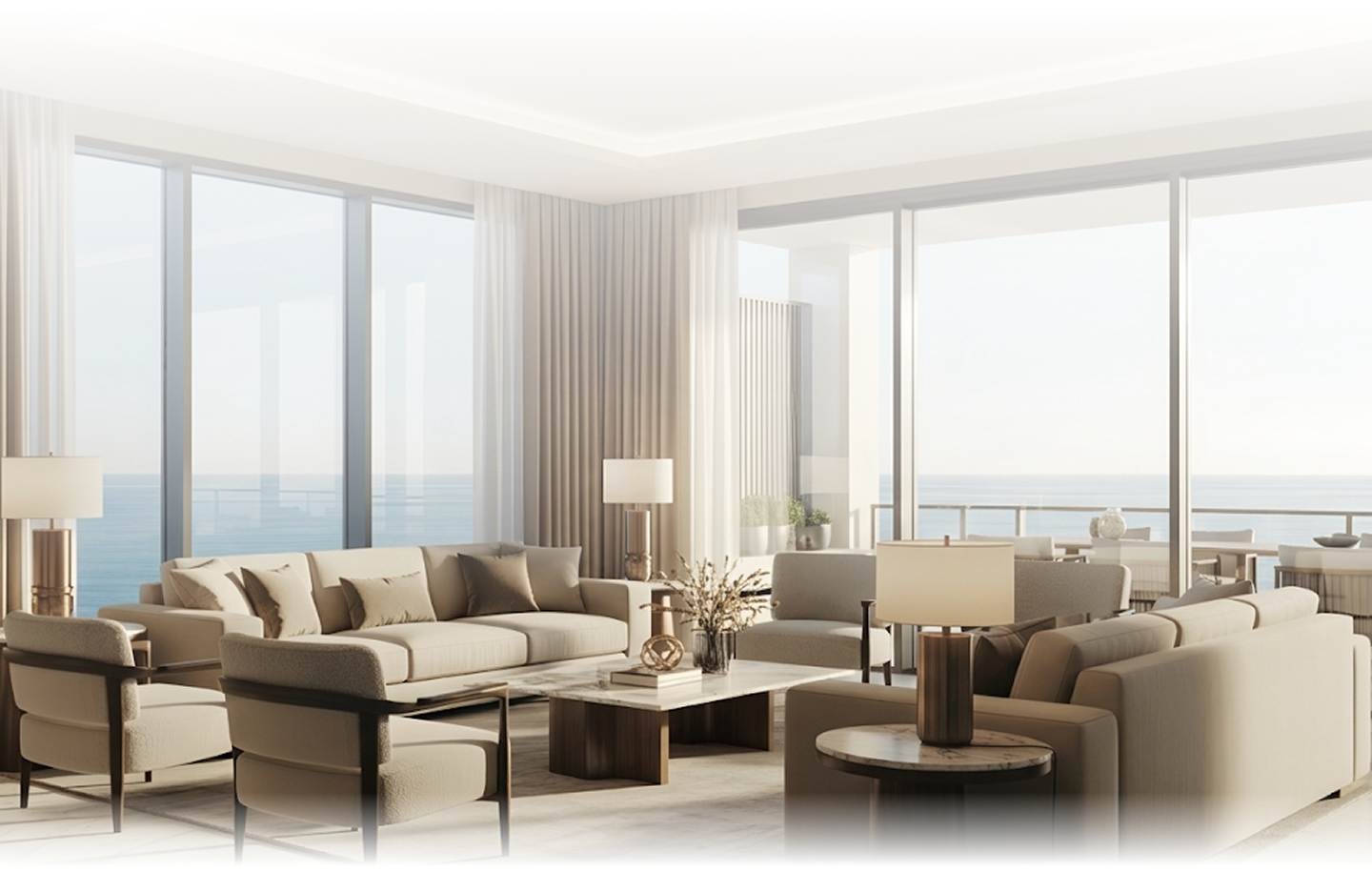 Modern living room with beige sofas, armchairs, marble coffee table, floor lamps, and large windows overlooking an ocean view.