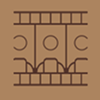 Icon-style illustration of a cityscape with buildings and a sun or moon above against a brown background.