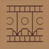 Icon-style illustration of a cityscape with buildings and a sun or moon above against a brown background.