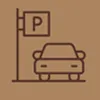 Car parked next to a sign with the letter P indicating parking.