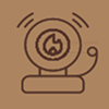Icon of a webcam with a fire symbol inside the camera lens on a brown background.