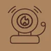 Icon of a webcam with a fire symbol inside the camera lens on a brown background.
