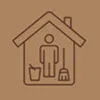Icon of a person holding a broom inside a house with a bucket nearby.