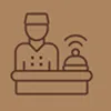 Brown icon of a receptionist wearing a uniform and cap standing behind a desk with a bell.