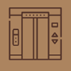 Icon of elevator doors with up and down arrows on a brown background.