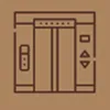Icon of elevator doors with up and down arrows on a brown background.
