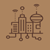 Icon representing smart city infrastructure with wireless signals and connected buildings and a tower.