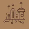 Icon representing smart city infrastructure with wireless signals and connected buildings and a tower.