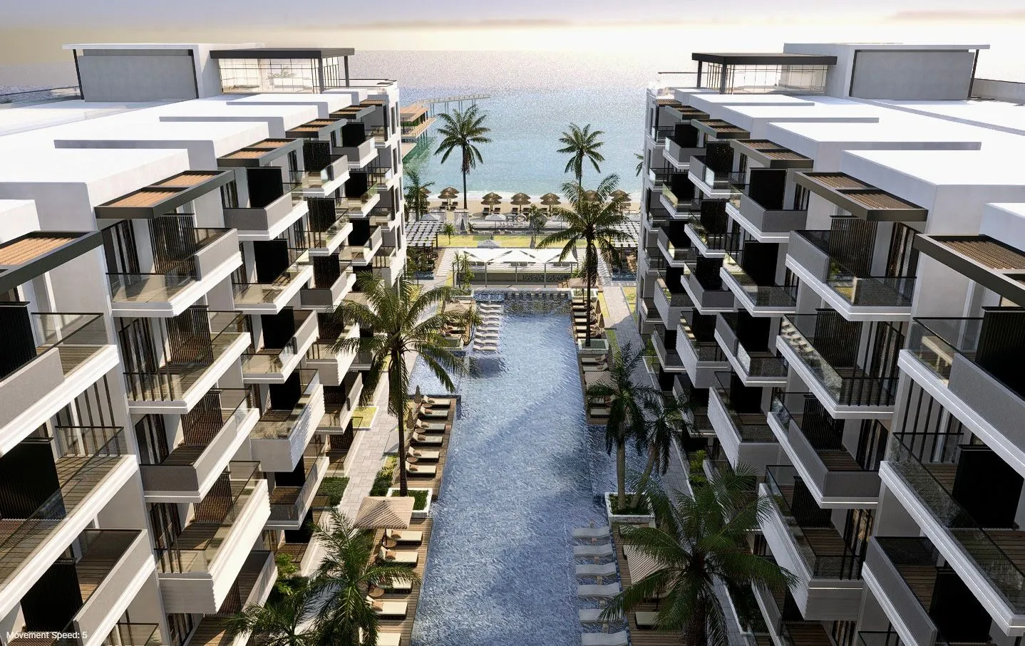 Modern beachfront apartment complex with a large central swimming pool, palm trees, sun loungers, and ocean view.
