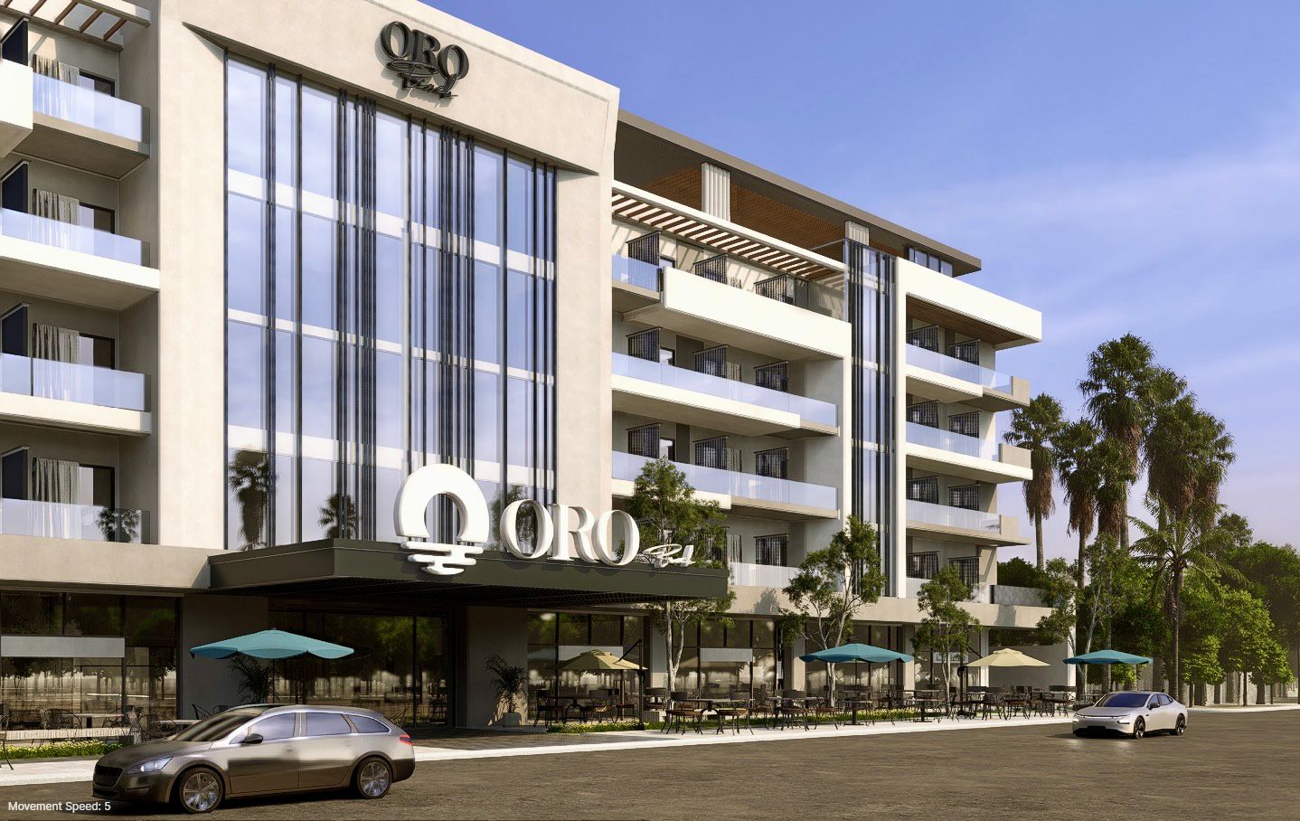 Modern multi-story building with balconies, outdoor seating areas with umbrellas, and two cars parked in front.