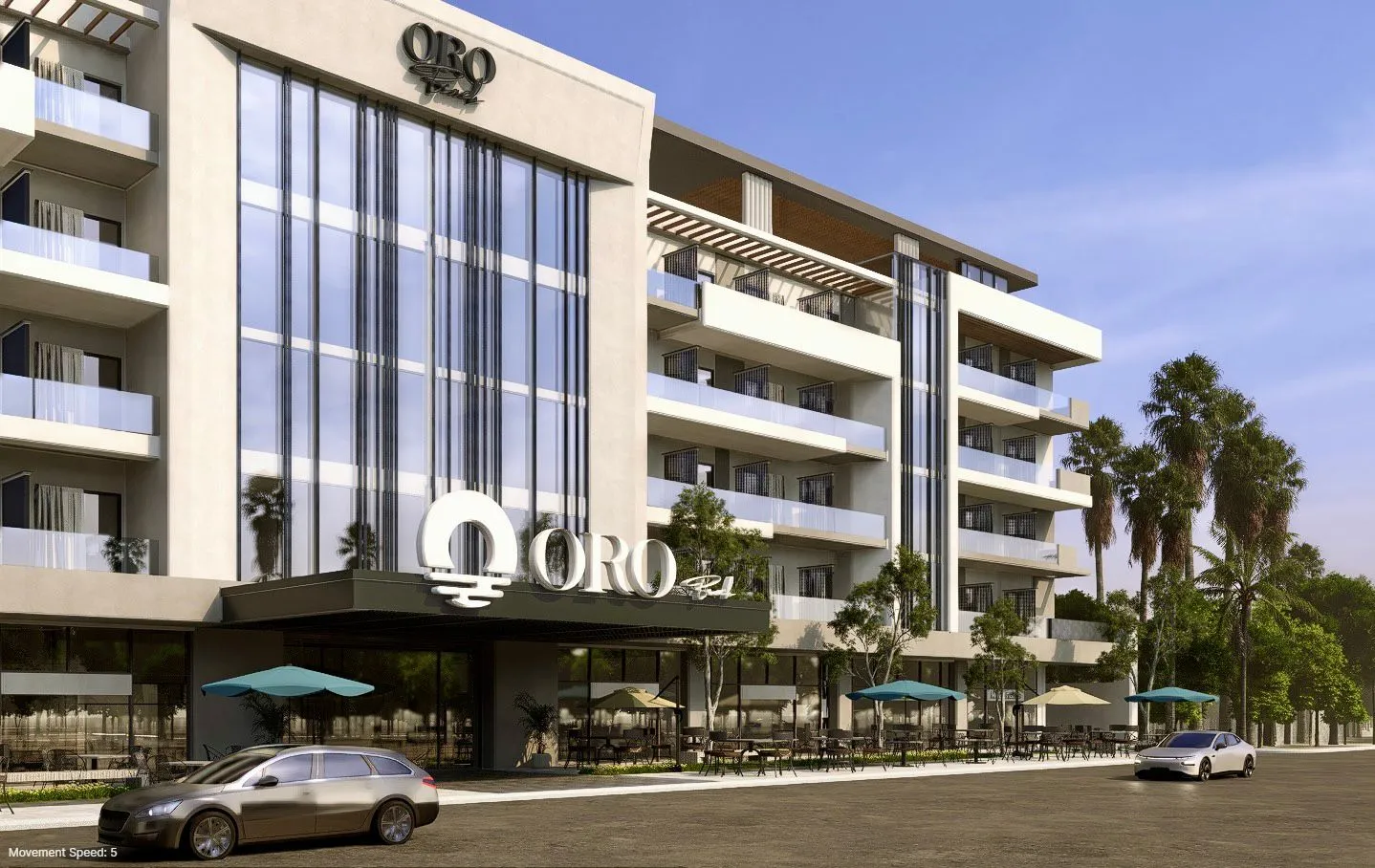 Modern multi-story building with balconies, outdoor seating areas with umbrellas, and two cars parked in front.
