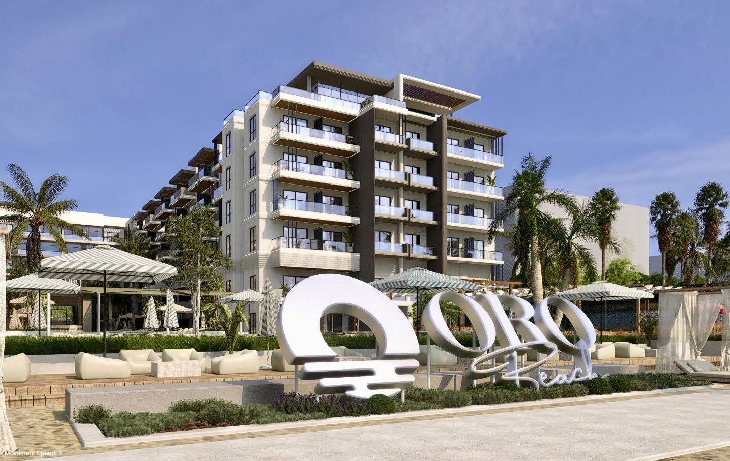 Modern multi-story beachfront apartment building with balconies, palm trees, striped umbrellas, and a large sign reading 'Oro Beach'.