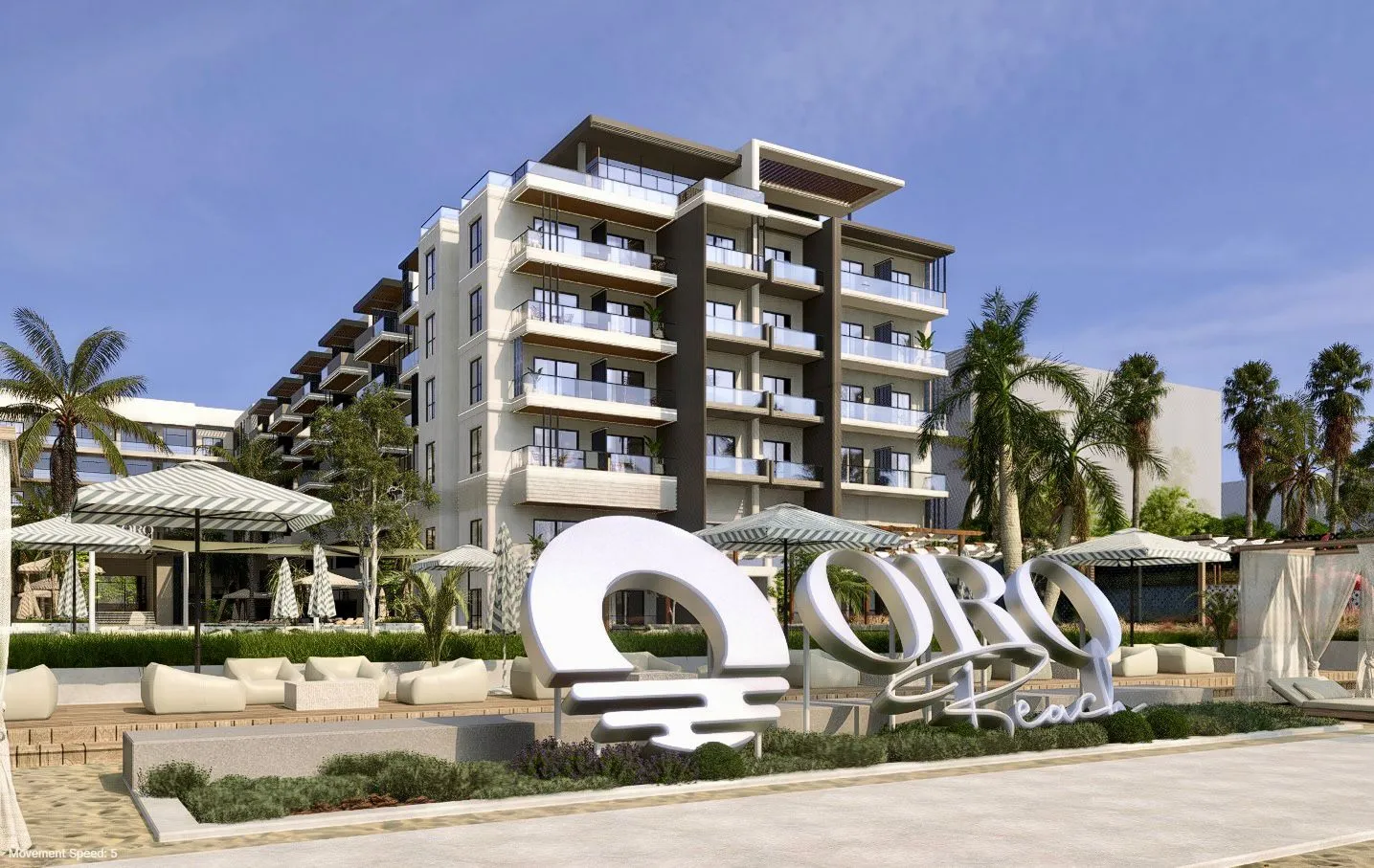 Modern multi-story beachfront apartment building with balconies, palm trees, striped umbrellas, and a large sign reading 'Oro Beach'.