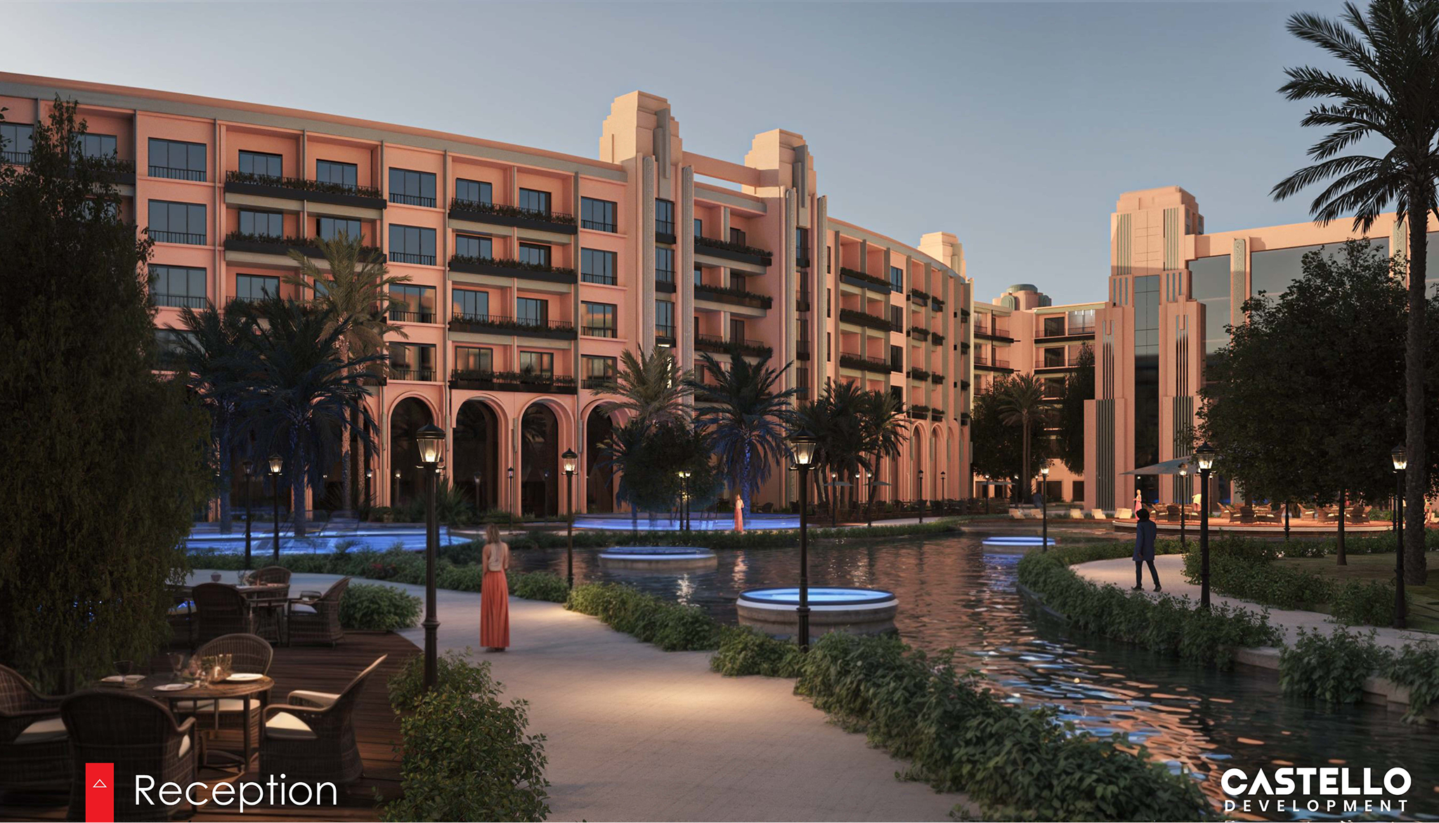 Elegant hotel reception area with a large building, illuminated pathways, water features, palm trees, and outdoor seating at dusk.
